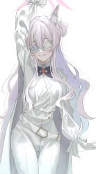 1girl akira_(blue_archive) animal_ear_fluff animal_ears arm_up belt black_bow black_bowtie blue_archive bow bowtie brooch cat_ears coat coat_on_shoulders collared_shirt eye_mask gloves grin halo highres jewelry kangshi long_hair pants shirt shirt_tucked_in smile solo white_belt white_coat white_gloves white_hair white_pants white_shirt