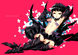 Rule 34 | 10s, 1girl, armor, armpits, black hair, black princess, breasts, detached sleeves, fishnet thighhighs, fishnets, greaves, highres, looking at viewer, navel, open mouth, red background, ress, revealing clothes, simple background, six heart princess, skirt, small breasts, solo, teiue tamaki, thighhighs