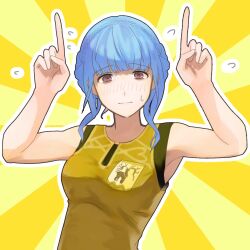 Rule 34 | 1girl, aoisu ao, bare shoulders, blue hair, blunt bangs, blush, braid, brown eyes, closed mouth, commentary request, crown braid, horns pose, fire emblem, fire emblem: three houses, fire emblem heroes, flying sweatdrops, highres, index finger raised, looking at viewer, marianne von edmund, nintendo, official alternate costume, shirt, sidelocks, sleeveless, sleeveless shirt, solo, sweatdrop, uniform, yellow background, yellow shirt