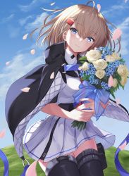 Rule 34 | 1girl, acr (girls&#039; frontline), ahoge, akabane hibame, blonde hair, blue eyes, bouquet, character name, commission, cowboy shot, flower, girls&#039; frontline, hair ornament, hairclip, highres, holding, holding bouquet, jewelry, long hair, mole, mole under eye, petals, ring, skeb commission, sky, smile, solo, thighhighs, wedding band