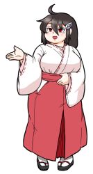 Rule 34 | 1girl, :d, ahoge, black hair, blush, breasts, fat, full body, hair ornament, hairclip, hakama, hakama short skirt, hakama skirt, hand on own stomach, huge breasts, japanese clothes, kimono, looking at viewer, nazotyu, open mouth, original, red eyes, sandals, short hair, skirt, smile, solo, standing, tabi, wide sleeves