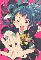 Rule 34 | 1girl, black thighhighs, blue hair, blush, character name, commentary request, dated, earrings, feathers, genjitsu no yohane, hair bun, happy birthday, heart, heart earrings, highres, jewelry, long hair, looking at viewer, love live!, love live! sunshine!!, one eye closed, open mouth, outstretched arm, purple eyes, solo, star (symbol), teeth, thighhighs, tokira nozumi, tsushima yoshiko, upper teeth only