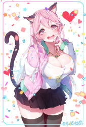 Rule 34 | 1girl, animal ears, aqua hair, black skirt, blush, breasts, cat ears, cat tail, cleavage, headphones, heart, heart-shaped pupils, highres, jacket, kanola u, large breasts, letterman jacket, long hair, looking at viewer, miniskirt, multicolored hair, nail polish, nitroplus, open mouth, pink eyes, pink hair, pink jacket, pleated skirt, shirt, skindentation, skirt, smile, solo, super sonico, symbol-shaped pupils, t-shirt, tail, thighhighs, thighs, two-tone hair, virtual youtuber, white jacket