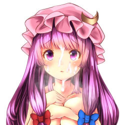 Rule 34 | 1girl, bad id, bad pixiv id, breasts, cleavage, covering privates, covering breasts, crescent, female focus, hair ribbon, hat, large breasts, long hair, mob cap, nude, oimo (imoyoukan), patchouli knowledge, purple eyes, purple hair, ribbon, sexually suggestive, simple background, solo, suggestive fluid, touhou, tress ribbon, upper body