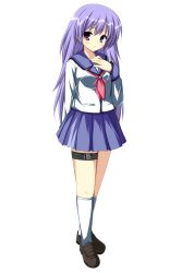Rule 34 | 1girl, absurdres, angel beats!, arm behind back, asagi nanami, blue sailor collar, blue skirt, blush, breasts, brown footwear, commentary request, eyebrows hidden by hair, eyelashes, full body, hair between eyes, hand up, highres, irie miyuki, kneehighs, loafers, long hair, long sleeves, looking at viewer, miniskirt, neckerchief, parted lips, pink neckerchief, pleated skirt, purple hair, sailor collar, shinda sekai sensen uniform, shirt, shoes, simple background, skirt, small breasts, socks, solo, spiked hair, standing, thigh strap, very long hair, white background, white shirt, white socks