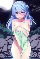 Rule 34 | 10s, 1girl, 2015, bare shoulders, blue eyes, blue hair, blush, breasts, covering privates, cowboy shot, dated, double bun, gradient background, hair bun, kantai collection, kyougoku touya, large breasts, long hair, looking at viewer, matching hair/eyes, naked towel, night, nude cover, solo, towel, twitter username, urakaze (kancolle)