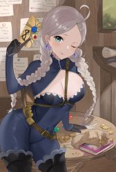 Rule 34 | 1girl, absurdres, ahoge, bag, black footwear, black gloves, blue bodysuit, blue eyes, blue flower, blue rose, bodysuit, book, boots, braid, breasts, cleavage, coin, commission, commissioner upload, covered navel, earrings, envelope, fire emblem, fire emblem fates, fire emblem heroes, flower, gem, gloves, gold coin, grey hair, hair ribbon, harness, haru (nakajou-28), highres, holding, holding envelope, indoors, jewelry, key, keyring, leaning on table, leather belt, licking lips, looking at viewer, low twintails, medium breasts, nina (fire emblem), nintendo, non-web source, o-ring, official alternate costume, one eye closed, parted bangs, red flower, red rose, ribbon, rose, round table, sack, satchel, skeb commission, solo, table, thigh boots, tongue, tongue out, turtleneck, twin braids, twintails, two-tone bodysuit, upper body, window, wooden table, wooden wall