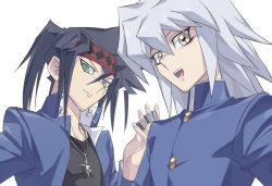 Rule 34 | 2boys, bakura ryou, between fingers, black hair, black shirt, blue jacket, closed mouth, commentary request, dice, dice earrings, domino high school uniform, earrings, gakuran, green eyes, hair between eyes, holding, jacket, jewelry, long hair, looking at viewer, male focus, multiple boys, necklace, open clothes, open jacket, open mouth, otogi ryuuji, pointy hair, ponytail, school uniform, shirt, simple background, smile, talgi, upper body, white background, white hair, yellow eyes, yu-gi-oh!, yu-gi-oh! duel monsters