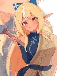 Rule 34 | 1girl, alternate costume, blonde hair, blue bow, blue dress, blush, bow, bracelet, breasts, bridal gauntlets, china dress, chinese clothes, closed mouth, dark-skinned female, dark skin, dress, grey hair, hair bow, hammer, highres, holding, holding hammer, hololive, jewelry, long hair, looking at viewer, medium breasts, multicolored hair, pointy ears, red eyes, sen (sen42724788), shiranui flare, single bare shoulder, smile, solo, streaked hair, virtual youtuber, zoom layer