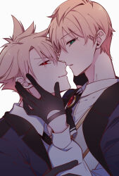 Rule 34 | 2boys, ascot, backlighting, black ascot, black gloves, blonde hair, blue jacket, brooch, collared shirt, fate/grand order, fate (series), from side, gloves, green eyes, grey vest, hair between eyes, half gloves, hand on another&#039;s arm, hand on another&#039;s face, jacket, jacket on shoulders, jekyll and hyde (fate), jewelry, looking at viewer, male focus, miyamakoume, multiple boys, parted lips, profile, red eyes, selfcest, shirt, sideways glance, simple background, smile, spiked hair, upper body, vest, white background, yaoi