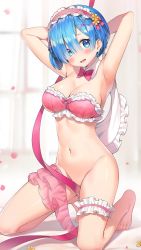 Rule 34 | 1girl, armpits, arms behind head, arms up, ayamy, bandeau, bare arms, barefoot, bed, bed sheet, blue eyes, blue hair, blurry, blurry background, blush, bottomless, bow, bow bra, bra, breasts, bridal garter, cleavage, convenient censoring, detached collar, eyes visible through hair, feet, female focus, flower, frilled bra, frilled hairband, frills, full body, hair between eyes, hair flower, hair ornament, hair over one eye, hairband, hairclip, head tilt, indoors, kneeling, large breasts, lolita hairband, looking at viewer, matching hair/eyes, medium breasts, navel, open mouth, petals, pink bra, re:zero kara hajimeru isekai seikatsu, rem (re:zero), shiny skin, short hair, smile, solo, stomach, strapless, strapless bra, thigh strap, thighs, toes, underwear, window, x hair ornament