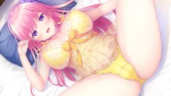 Rule 34 | 1girl, akino subaru, babydoll, bed, blush, bra, breasts, breasts apart, cameltoe, cleavage, embarrassed, female focus, from above, game cg, groin, hand up, indoors, large breasts, legs, lingerie, long hair, looking at viewer, lying, navel, on bed, onii-chan chou suki 99 jikan ecchi shiyo!, open mouth, original, panties, pillow, pink hair, purple eyes, pussy, see-through, solo, spread legs, thighs, tsumugi (onii-chan chou suki 99 jikan ecchi shiyo!), underwear, underwear only, yellow bra, yellow panties