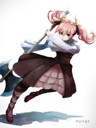 Rule 34 | 1girl, absurdres, artist name, axe, brown footwear, brown ribbon, brown skirt, fighting stance, hair ribbon, highres, holding, holding axe, holding weapon, horns, hylran0427, linie (sousou no frieren), long sleeves, looking at viewer, ribbon, shirt, simple background, skirt, solo, sousou no frieren, twintails, weapon, white background, white shirt, yellow horns