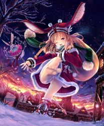 Rule 34 | 1girl, ;d, barefoot, blonde hair, boots, braid, brown eyes, christmas, feet, hat, highres, long hair, one eye closed, open mouth, original, panties, pantyshot, pom pom (clothes), sack, santa costume, shoes, single boot, single shoe, smile, snow, soles, soraizumi, standing, star (sky), toes, twin braids, underwear, wand, white panties, wink, zuppon
