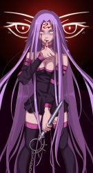 Rule 34 | absurdly long hair, absurdres, blood, blood from mouth, blood on face, facial mark, fate/stay night, fate (series), forehead, forehead mark, highres, injury, long hair, medusa (fate), medusa (rider) (fate), nameless dagger (fate), nikumaki43, purple eyes, purple hair, square pupils, very long hair