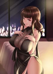 Rule 34 | 1girl, ahoge, armlet, bare shoulders, bed, black dress, blunt bangs, blush, breasts, brown hair, casual, choker, city lights, cityscape, cleavage, cloel, closed mouth, copyright name, dress, dress tug, dsr-50 (girls&#039; frontline), dsr-50 (highest bid) (girls&#039; frontline), eyes visible through hair, frown, gem, girls&#039; frontline, hair ornament, hair over shoulder, hands on own chest, head tilt, highres, indoors, jewelry, large breasts, long hair, looking at viewer, necklace, night, no bra, official alternate costume, pendant, red eyes, red gemstone, ring, sideboob, sidelocks, sky, sleeveless, sleeveless dress, smile, solo, star (sky), starry sky, sweat, thighs, very long hair, window