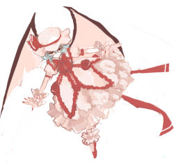 Rule 34 | 1girl, bat wings, bow, bowtie, female focus, frills, hat, hat bow, looking at viewer, mob cap, outstretched arms, red bow, red bowtie, red eyes, remilia scarlet, shizumi satou, short hair, silver hair, simple background, siskin, solo, touhou, vampire, white background, wings, wrist cuffs