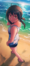 Rule 34 | 1girl, ahoge, bare arms, bare legs, barefoot, beach, black hair, closed mouth, day, ergot, fubuki (kancolle), green eyes, highres, kantai collection, looking at viewer, ocean, short hair, short ponytail, smile, solo, sun, tank top, white tank top