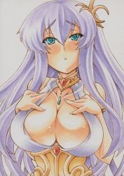 Rule 34 | 1girl, aqua eyes, bad anatomy, bare shoulders, blush, breasts, choker, cleavage, collarbone, corset, hair ornament, hands on own chest, jewelry, kido saori, large breasts, long hair, lots of jewelry, marker (medium), mechanical pencil, millipen (medium), open mouth, pencil, purple hair, saint seiya, simple background, solo, traditional media, white background, yutakasan-love