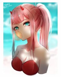 Rule 34 | 10s, 1girl, aged down, alternate costume, aqua eyes, artist name, bare arms, bare shoulders, bikini, breasts, blowing bubbles, chewing gum, cleavage, collarbone, darling in the franxx, female focus, head tilt, highres, horns, long hair, looking at viewer, medium breasts, nany nloray, neck, oni horns, pink hair, ponytail, red bikini, red horns, see-through, sidelocks, solo, strapless, strapless bikini, swimsuit, upper body, zero two (darling in the franxx)