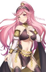 Rule 34 | 1girl, braid, bridal gauntlets, fire emblem, fire emblem awakening, fire emblem heroes, hairband, highres, long hair, navel, nintendo, o-ring, olivia (fire emblem), parted lips, pink eyes, pink hair, ponytail, simple background, solo, spiffydc, twin braids, twitter username, white background