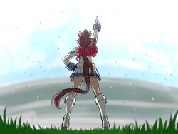 Rule 34 | 1girl, animal ears, arm up, asymmetrical gloves, blue gloves, blurry, blurry background, boots, brown hair, capelet, clothing cutout, confetti, epaulettes, gloves, grass, horse ears, horse girl, horse tail, jacket, legs apart, long hair, long sleeves, miniskirt, mismatched gloves, outdoors, outstretched arm, pointing, pointing up, ponytail, single epaulette, skirt, solo, standing, tail, tail through clothes, tokai teio (umamusume), umamusume, wakoudo, white footwear, white gloves, white jacket, white skirt