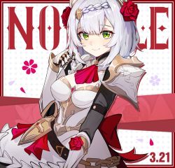 Rule 34 | 1girl, armor, armored dress, artist request, boobplate, braid, braided bangs, breastplate, breasts, chain, character name, dated, dress, flower, gauntlets, genshin impact, green eyes, hair flower, hair ornament, medium breasts, noelle (genshin impact), official art, petals, red flower, red rose, rose, short hair, shoulder armor, silver hair, simple background, smile, solo