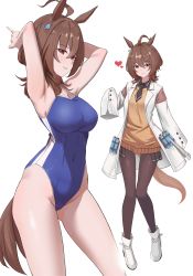 Rule 34 | 1girl, absurdres, agnes tachyon (umamusume), ahoge, animal ears, armpits, arms behind head, arms up, black necktie, black pantyhose, black shirt, blue one-piece swimsuit, breasts, brown hair, closed mouth, collared shirt, covered navel, cowboy shot, earrings, full body, hair between eyes, highleg, highleg swimsuit, highres, horse ears, horse girl, horse tail, jacket, jewelry, lab coat, large breasts, looking at viewer, messy hair, multiple views, necktie, one-piece swimsuit, pantyhose, red eyes, school swimsuit, shirt, short hair, simple background, single earring, sleeves past fingers, sleeves past wrists, smile, standing, sweater, sweater vest, swimsuit, tail, test tube, umamusume, white background, whitek, yellow sweater