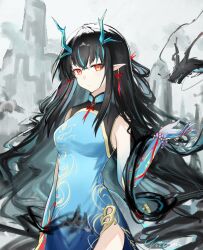 Rule 34 | 1girl, absurdres, arknights, baimo848, bead bracelet, beads, black hair, blue skin, bracelet, china dress, chinese clothes, colored skin, dragon girl, dragon horns, dragon tail, dress, dusk (arknights), dusk (everything is a miracle) (arknights), earrings, gradient skin, highres, horns, jewelry, looking at viewer, red eyes, slit pupils, solo, tail, tassel, tassel earrings