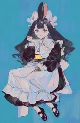 Rule 34 | 1girl, :o, animal ears, apron, aqua background, black footwear, black hair, blue eyes, blunt bangs, bow, cake, character request, commentary request, food, frills, highres, holding, holding spoon, jamu (yakinikuoi4), long hair, looking to the side, maid, maid apron, maid headdress, mary janes, rabbit ears, shoes, sidelocks, simple background, solo, spoon, white bow