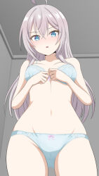 1girl alisa_mikhailovna_kujou blue_bra blue_eyes blue_panties blush bow bow_panties bra breasts cameltoe collarbone cowboy_shot dot_nose embarrassed eyebrows eyelashes female_focus from_below grey_hair hands_on_own_chest indoors light_blush long_hair looking_at_viewer looking_down medium_breasts navel open_mouth panties pink_bow pov solo takuru tokidoki_bosotto_roshia-go_de_dereru_tonari_no_alya-san underwear underwear_only variant_set