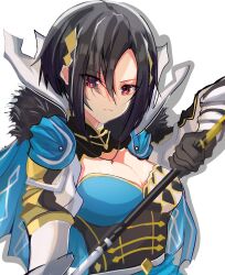 Rule 34 | 1girl, armor, asymmetrical bangs, asymmetrical clothes, breasts, cape, cleavage, cleavage cutout, clothing cutout, fire emblem, fire emblem engage, frown, fur trim, gloves, highres, holding, holding polearm, holding weapon, jewelry, large breasts, necklace, nel (fire emblem), nintendo, novembertimex, parted bangs, polearm, portrait, red eyes, serious, simple background, upper body, weapon