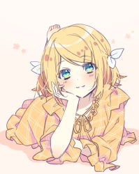 Rule 34 | 1girl, :3, blonde hair, blush, bow, cheek rest, closed mouth, collar, feet up, frilled collar, frilled cuffs, frilled sleeves, frills, green eyes, hair bow, hair ornament, hair ribbon, hairclip, hand on own cheek, hand on own face, head rest, hinata (princess apple), kagamine rin, looking at viewer, lying, on stomach, pajamas, pastel colors, ribbon, short hair, sketch, solo, vocaloid