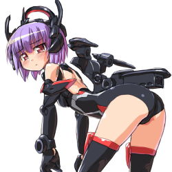 Rule 34 | 10s, 1girl, :&lt;, ass, bad id, bad pixiv id, bent over, blue hair, blush, busou shinki, dd (ijigendd), doll joints, flat chest, joints, leaning, leaning forward, mecha musume, presenting, purple hair, red eyes, short hair, simple background, solo, thighhighs, zilvern