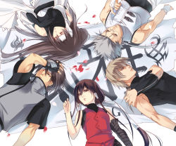 Rule 34 | 1girl, 4boys, arm up, bandage over one eye, bandages, bare shoulders, black hair, bridal gauntlets, brother and sister, brown eyes, circle formation, closed eyes, crop top, detached sleeves, elbow gloves, fingerless gloves, from above, fuuchouin kazuki, getbackers, glasses, gloves, hair between eyes, hair spread out, hair tubes, hand on own chest, hand on own head, hand on own shoulder, hand on own stomach, headband, kakei juubei, kakei sakura, lace, long hair, looking at viewer, looking away, lying, multiple boys, muscular, on back, papillon10, petals, ponytail, saizou toufuuin, short hair, siblings, silver hair, spiked hair, strap, toufuuin saizou, trap, turtleneck, upper body, uryuu toshiki, very long hair