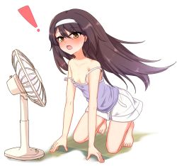 Rule 34 | !, 10s, 1girl, arm support, barefoot, black hair, blue shirt, blush, brown eyes, camisole, camisole over clothes, casual, chawan (yultutari), commentary request, electric fan, full body, girls und panzer, highres, kneeling, leaning forward, long hair, looking at viewer, off shoulder, open mouth, reizei mako, shirt, short shorts, shorts, solo, spaghetti strap, sweat, white background, white shorts, wind