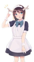 Rule 34 | 1girl, :o, ^^^, antlers, apron, arm up, black dress, blue bow, blue bowtie, blue eyes, blush, bow, bowtie, brown hair, collared dress, dress, fang, helmet, highres, horns, hyakunin momoko, index finger raised, looking at viewer, maid headdress, open mouth, original, puffy short sleeves, puffy sleeves, short hair, short sleeves, simple background, solo, standing, white apron, white background, winged helmet, wrist cuffs