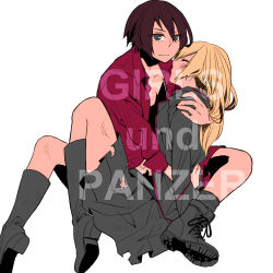 Rule 34 | 10s, 2girls, alternate hairstyle, ankle boots, asuka (junerabitts), bad id, bad pixiv id, black footwear, black jacket, black legwear, black skirt, blonde hair, boots, closed eyes, closed mouth, copyright name, cross-laced footwear, darjeeling (girls und panzer), dirty, dirty face, dress shirt, full body, girls und panzer, hair down, holding, holding person, jacket, unworn jacket, knee boots, kuromorimine military uniform, lace-up boots, light frown, long hair, long sleeves, looking at viewer, lowres, lying, military, military uniform, miniskirt, multiple girls, nishizumi maho, on back, pleated skirt, red shirt, red skirt, shirt, short hair, simple background, skirt, sleeping, socks, st. gloriana&#039;s military uniform, uniform, white background, yuri