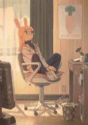 Rule 34 | animal ears, animal print, carrot, chair, cup, curtains, desk, feet on chair, figure, full body, highres, holding feet, hood, hoodie, knees apart feet together, long hair, long sleeves, mug, nerio (neri akira), office chair, original, pants, pencil, pencil as mustache, pink hair, poster (object), rabbit ears, rabbit print, sitting, socks, solo, sticker, swivel chair, thinking, trash can, wooden floor