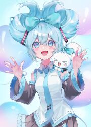 Rule 34 | &gt; &lt;, 1girl, animal, animal on shoulder, aqua bow, aqua eyes, aqua hair, aqua necktie, black skirt, blush, bow, breasts, cinnamiku, cinnamoroll, collared shirt, commentary, detached sleeves, folded twintails, frilled skirt, frills, hair bow, hands up, hatsune miku, highres, looking at viewer, medium breasts, murumuru (pixiv51689952), necktie, open mouth, pleated skirt, sanrio, shirt, skirt, sleeveless, sleeveless shirt, smile, solo, teeth, tie clip, tongue, updo, upper teeth only, vocaloid, white shirt, wide sleeves