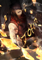 Rule 34 | 1boy, bandana, black hair, card, character name, cigarette, en&#039;en no shouboutai, fire, highres, hisafuji, joker (en&#039;en no shouboutai), long hair, long sleeves, looking at viewer, male focus, mouth hold, one eye covered, open mouth, playing card, purple eyes, smile, smoke, smoking, stitches, teeth, teeth hold