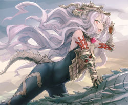 Rule 34 | 10s, 1girl, :d, bad id, bad tumblr id, bee (deadflow), bodysuit, covered navel, dragon riding, fang, floating hair, gauntlets, granblue fantasy, grey hair, hand up, hip focus, long hair, mask, medusa (shingeki no bahamut), open mouth, outdoors, red eyes, riding, shingeki no bahamut, smile, solo, tail, thighs, very long hair