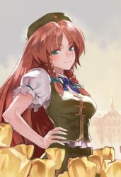 Rule 34 | 1girl, blush, bow, braid, breasts, building, chinese clothes, flower, green eyes, hair bow, hair ornament, hand on own hip, hat, hong meiling, long hair, looking at viewer, puffy short sleeves, puffy sleeves, red hair, scarlet devil mansion, shirt, short sleeves, skirt, smile, solo, star (symbol), touhou, tulip, twin braids, yamamomo (plank)