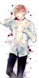 Rule 34 | 10s, 1boy, absurdres, blonde hair, blood, blue eyes, choker, collarbone, diabolik lovers, earphones, fangs, half-closed eyes, hand on own head, highres, looking at viewer, lying, male focus, official art, open clothes, open mouth, open shirt, petals, sakamaki shuu, satoi, shirt, solo, thorns, unbuttoned, vampire, wet, wet clothes
