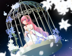Rule 34 | 1girl, bare shoulders, birdcage, blue eyes, blurry, blurry foreground, bracer, breasts, cage, collarbone, crypton future media, dress, flower, hair between eyes, headphones, highres, kneeling, long hair, looking away, mamo (fortune-mm), medium breasts, megurine luka, night, night sky, own hands clasped, own hands together, pink hair, sky, sleeveless, sleeveless dress, solo, star (sky), starry sky, very long hair, vocaloid, white dress, white flower
