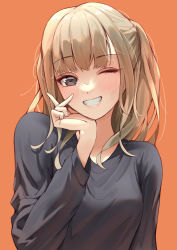 Rule 34 | 1girl, absurdres, blonde hair, brown eyes, grey shirt, grin, head rest, highres, long hair, long sleeves, looking at viewer, murakami natsumi (voice actor), notinversion, one eye closed, orange background, real life, shirt, simple background, smile, solo, upper body