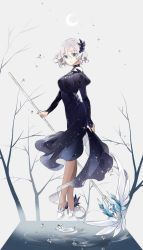 Rule 34 | 1girl, bad id, bad pixiv id, bare shoulders, black dress, blue eyes, brown pantyhose, crescent moon, detached sleeves, dress, female focus, floating, full body, grey background, hair ornament, high heels, holding, leaf (artist), leaf (kohakoo), levitation, looking at viewer, moon, nail polish, original, pantyhose, parted lips, puffy sleeves, short hair, silver hair, simple background, solo, staff, water, water drop