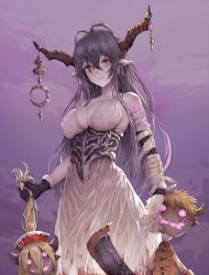 Rule 34 | 1girl, absurdres, asymmetrical gloves, bad id, bad pixiv id, bandages, bare shoulders, breasts, commentary request, corset, danua, doll, draph, dress, earrings, elbow gloves, fingerless gloves, fingernails, gloves, granblue fantasy, gretel (granblue fantasy), hansel (granblue fantasy), highres, holding, horn ornament, horns, jewelry, large breasts, long hair, looking at viewer, myless, parted lips, pointy ears, red eyes, simple background, single elbow glove, sleeveless, solo, uneven gloves