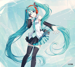 Rule 34 | 1girl, :d, absurdly long hair, black thighhighs, blue eyes, blue hair, blue necktie, breasts, detached sleeves, floating hair, hair between eyes, hand in own hair, hatsune miku, hatsune miku (vocaloid3), head tilt, headphones, highres, ixima, long hair, looking at viewer, necktie, open mouth, outstretched arm, pleated skirt, shirt, skirt, sleeveless, sleeveless shirt, small breasts, smile, solo, standing, thighhighs, twintails, very long hair, vocaloid, white shirt, zettai ryouiki