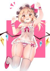Rule 34 | 1girl, absurdres, arm up, armpits, babydoll, blonde hair, blush, bow, commentary, crystal, dleung, fang, feet out of frame, flandre scarlet, garter straps, groin, hand up, hat, hat bow, highres, long hair, looking at viewer, mob cap, navel, one side up, open mouth, panties, pink bow, pink footwear, red eyes, shoes, solo, spaghetti strap, strap slip, striped clothes, striped panties, thighhighs, thighs, touhou, underwear, underwear only, white background, white hat, white thighhighs, wings, wrist cuffs